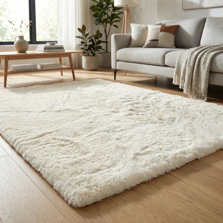 Close-up of extra thick plush area rug. Soft, luxurious texture perfect for bedroom or living room floor comfort.