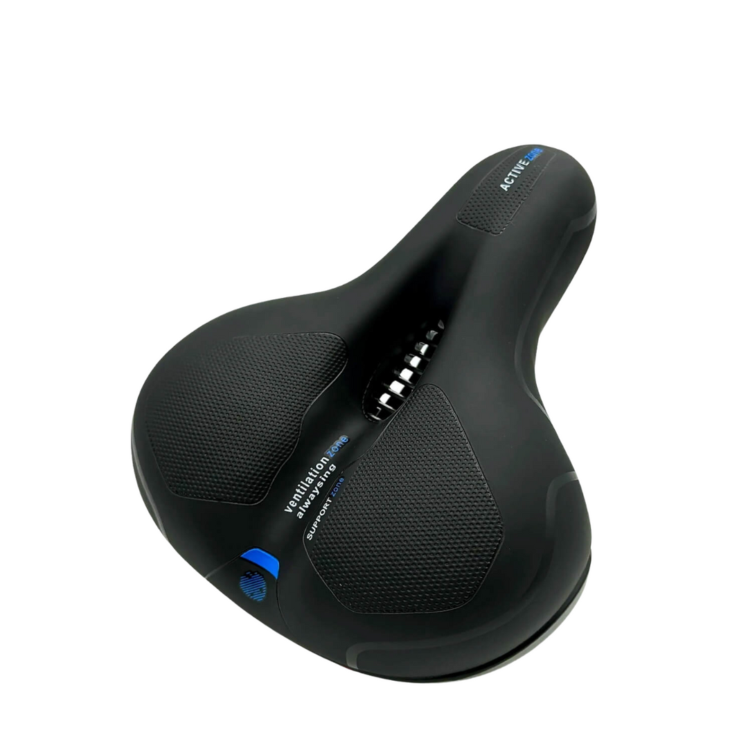 Ergonomic CloudComfort Pro bike saddle with memory foam, offering universal fit and pressure relief for outdoor riding.