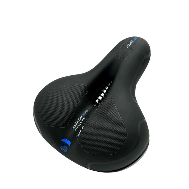 Ergonomic CloudComfort Pro bike saddle with memory foam, offering universal fit and pressure relief for outdoor riding.