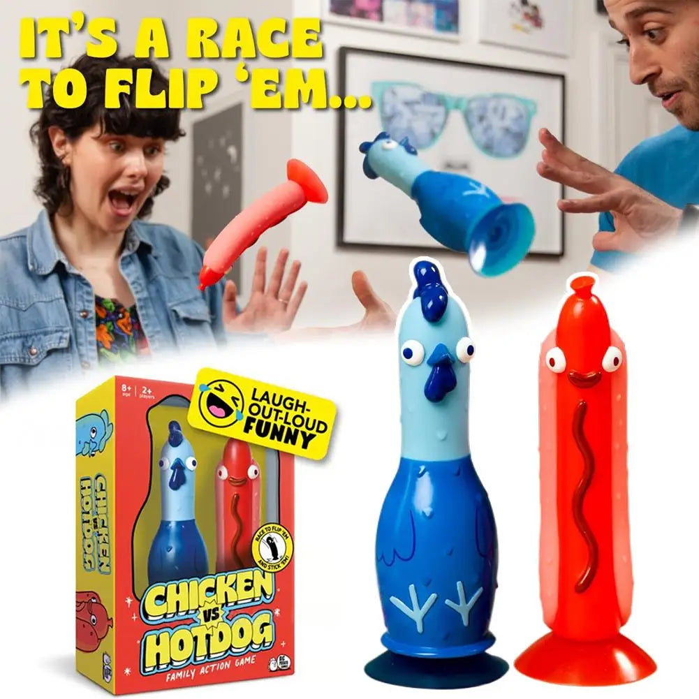 Kids & adults laughing while playing Cluckdash Flip & Stick family party game. Action-packed challenge.