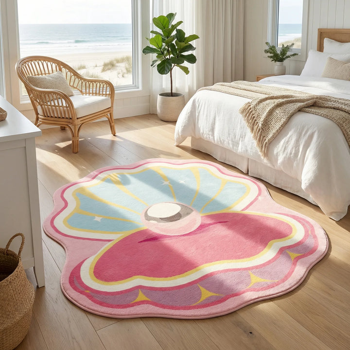 Coastal shell accent rug with blue waves, perfect for bedroom, entryway, or playroom home decor.