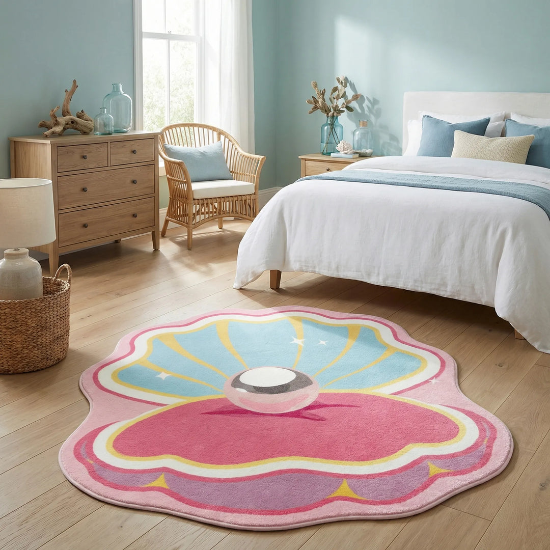 Charming Flowique coastal shell accent rug with ocean waves, a versatile piece for bedroom or entryway.
