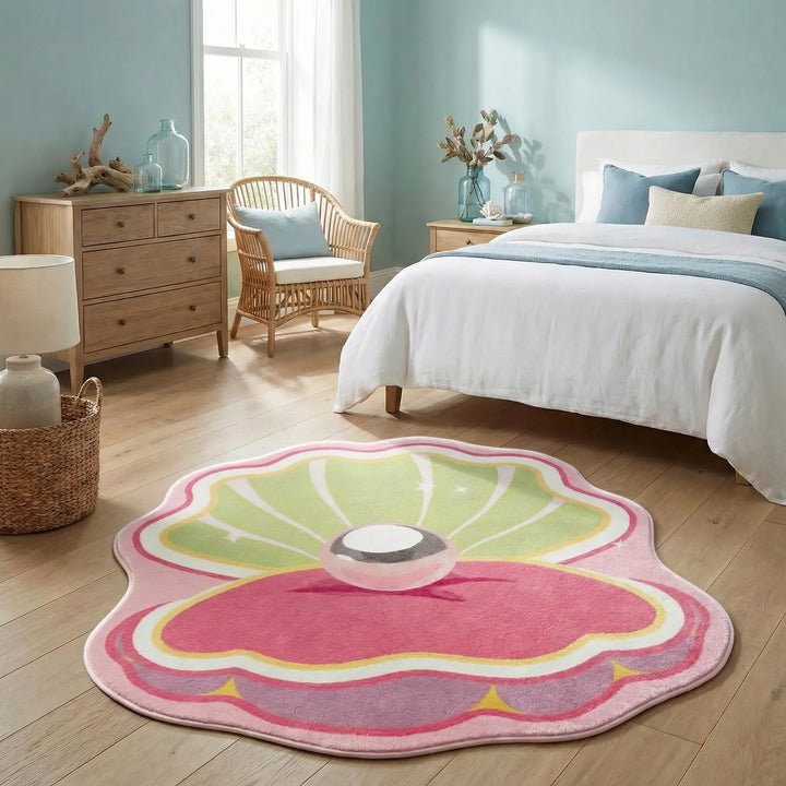 Beautiful coastal shell accent rug with blue wave motif, enhancing any home's ocean-inspired decor.