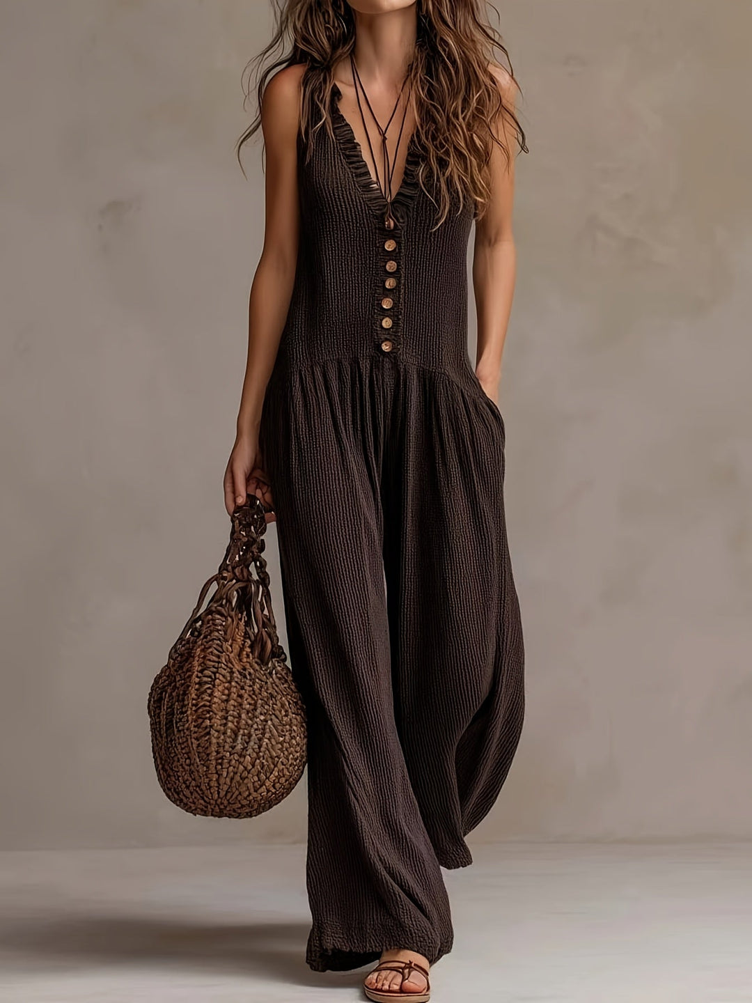 Sleeveless bohemian coffee brown wide leg jumpsuit for women, featuring ruffle V-neck and smocked waist detail.