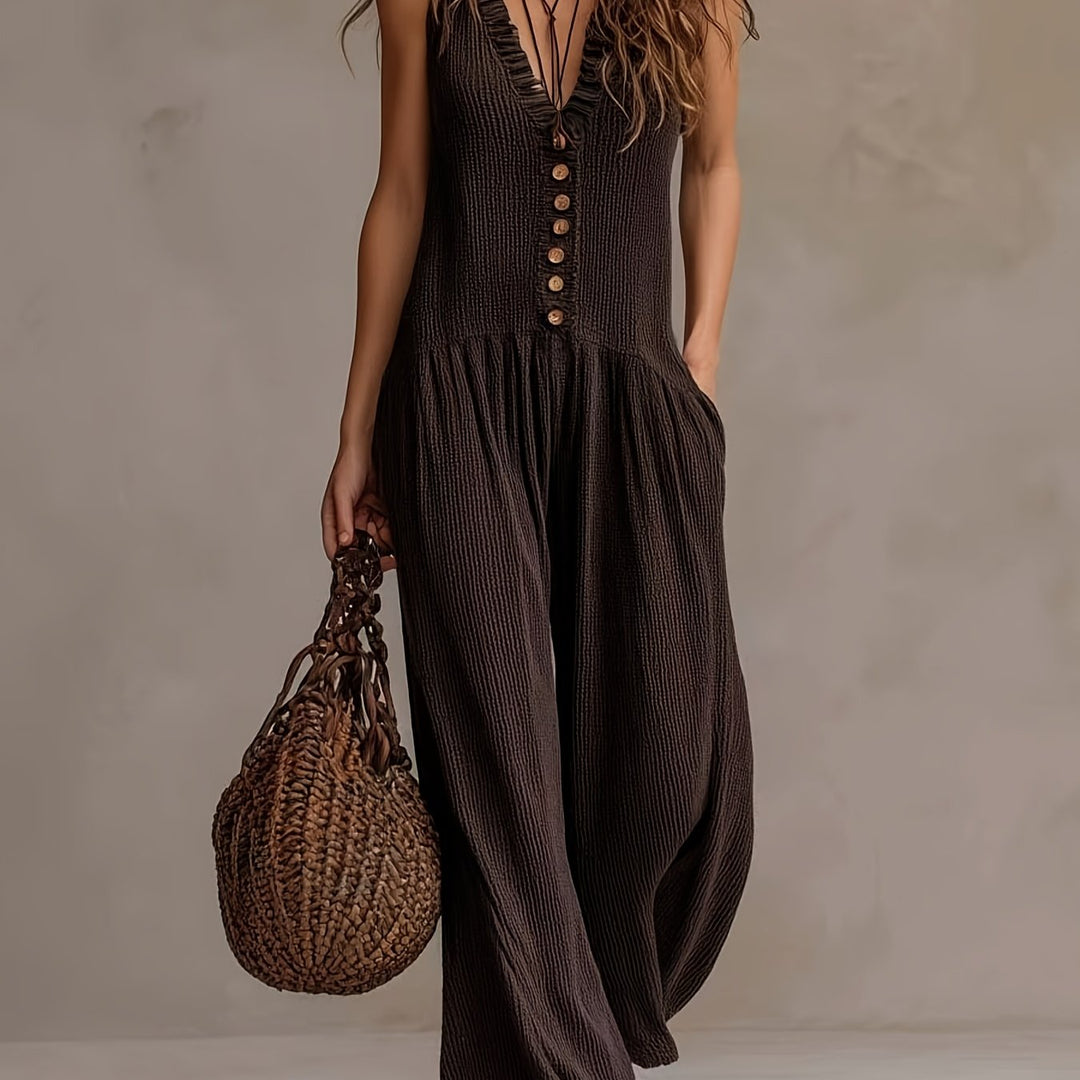 Stylish coffee brown women's jumpsuit: ruffle V-neck, smocked elastic waist, wide leg, and button front details.