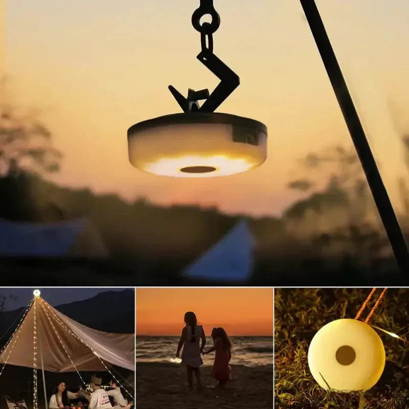 Versatile outdoor camp light, convertible to string lights, with magnetic base for hands-free illumination.