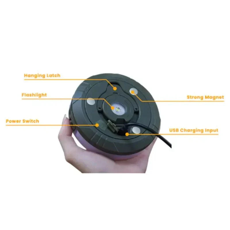 Compact & rechargeable LED camping light; its collapsible design and string light mode make it ideal for any camp.