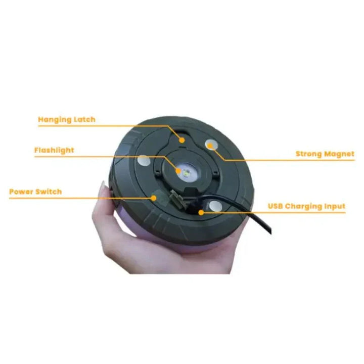 Compact & rechargeable LED camping light; its collapsible design and string light mode make it ideal for any camp.