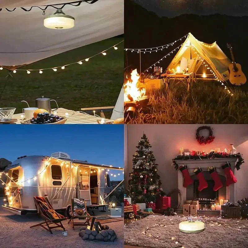 Multi-functional 4-in-1 LED camp lantern: collapsible, portable, with string lights and magnetic mounting for outdoor fun.