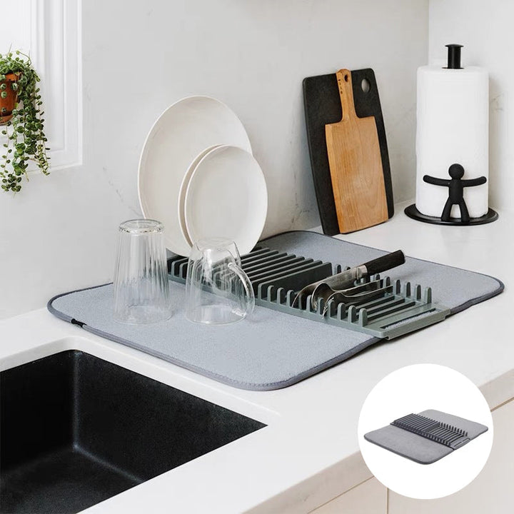 Collapsible dish drying mat with rack, gray silicone, for kitchen countertops, 20x15 inches