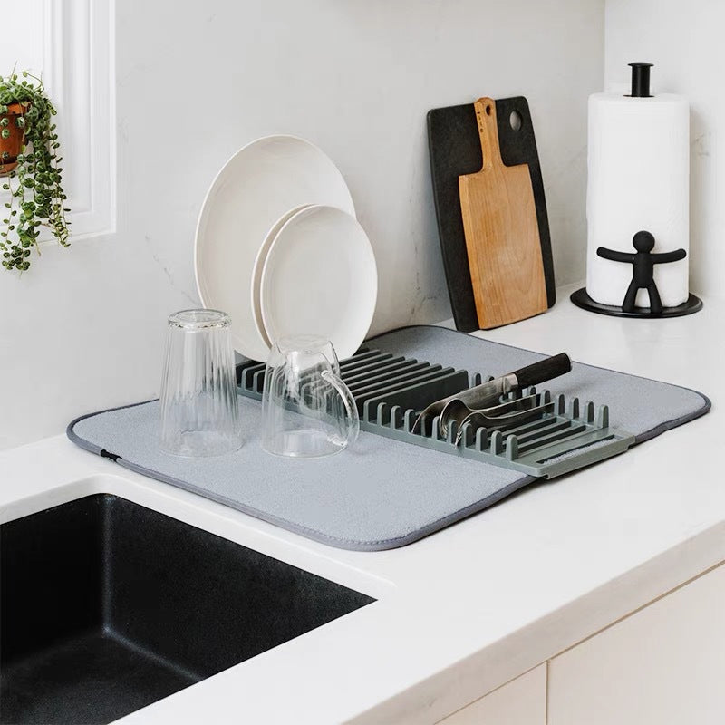 Collapsible dish drying mat and rack for efficient air drying of dishes and utensils