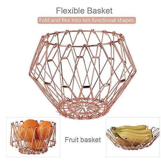 Collapsible stainless steel fruit basket in rose gold, elegant kitchen storage & home decor.