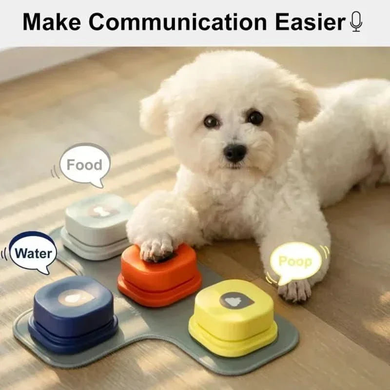 Happy dog pressing a talking button, learning pet communication & dog language with an interactive toy.