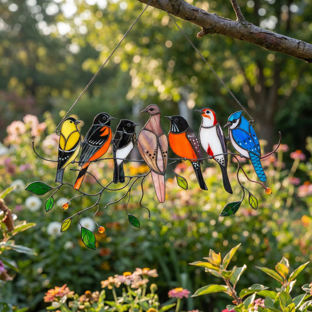Colorful stained glass bird suncatcher, perfect decorative window art for home decor. Unique feathered friend gift.