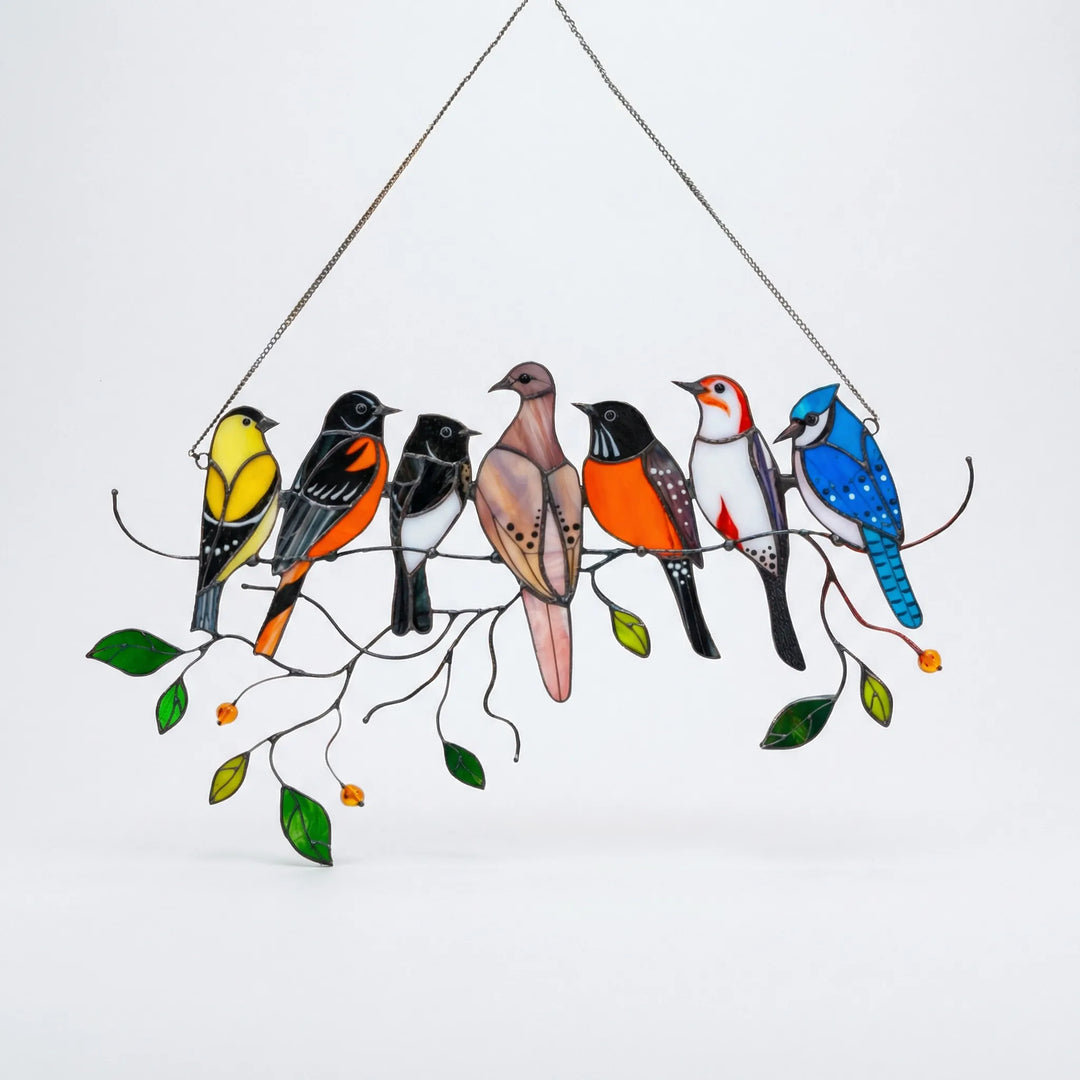 Vibrant stained glass bird suncatcher, a beautiful decorative piece for any window. Enhance your home decor.