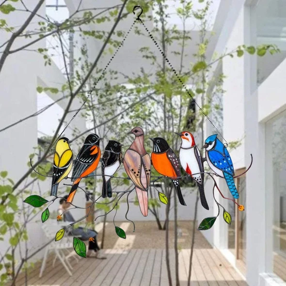 Vibrant stained glass bird family window hanging, charming handmade suncatcher gift