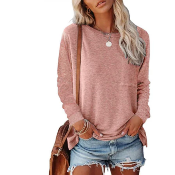 Women's basic long-sleeve crew neck Jaxony top, perfect for fall layering, winter essential & casual style.