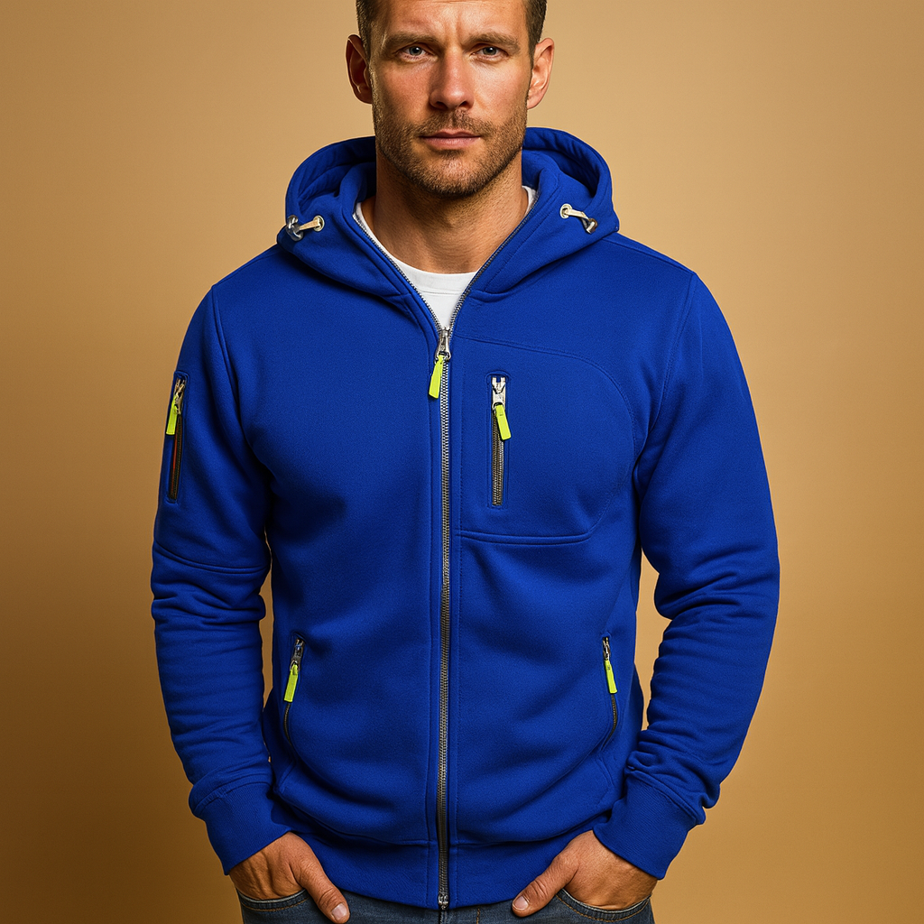 Stylish men's zip hoodie, ideal for activewear or casual outerwear. Features an adjustable hood for all seasons.