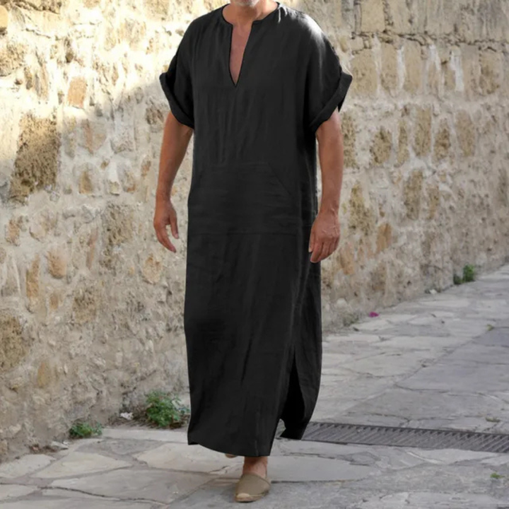 Comfortable men's V-neck djellaba robe. Long-sleeve, traditional Muslim fashion for casual everyday wear.