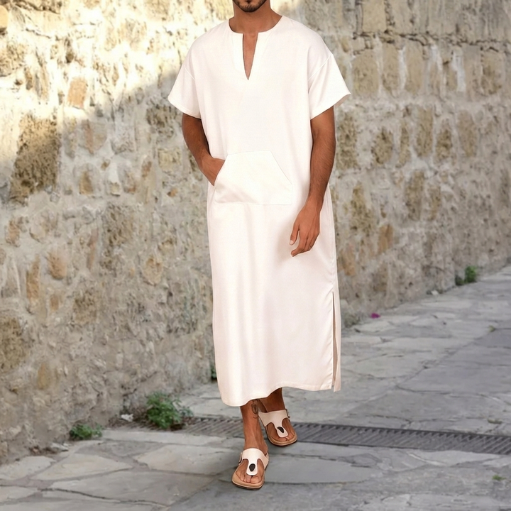 Men's casual V-neck djellaba robe. A comfortable, traditional long-sleeve garment for relaxed everyday wear.