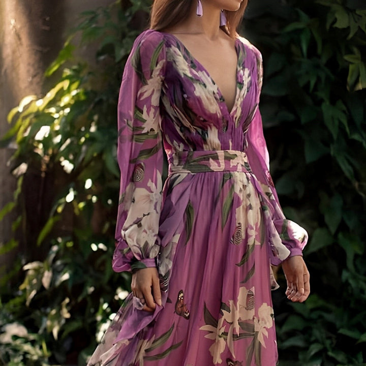 Close-up of the floral pattern on a comfortable purple V-neck women's maxi dress