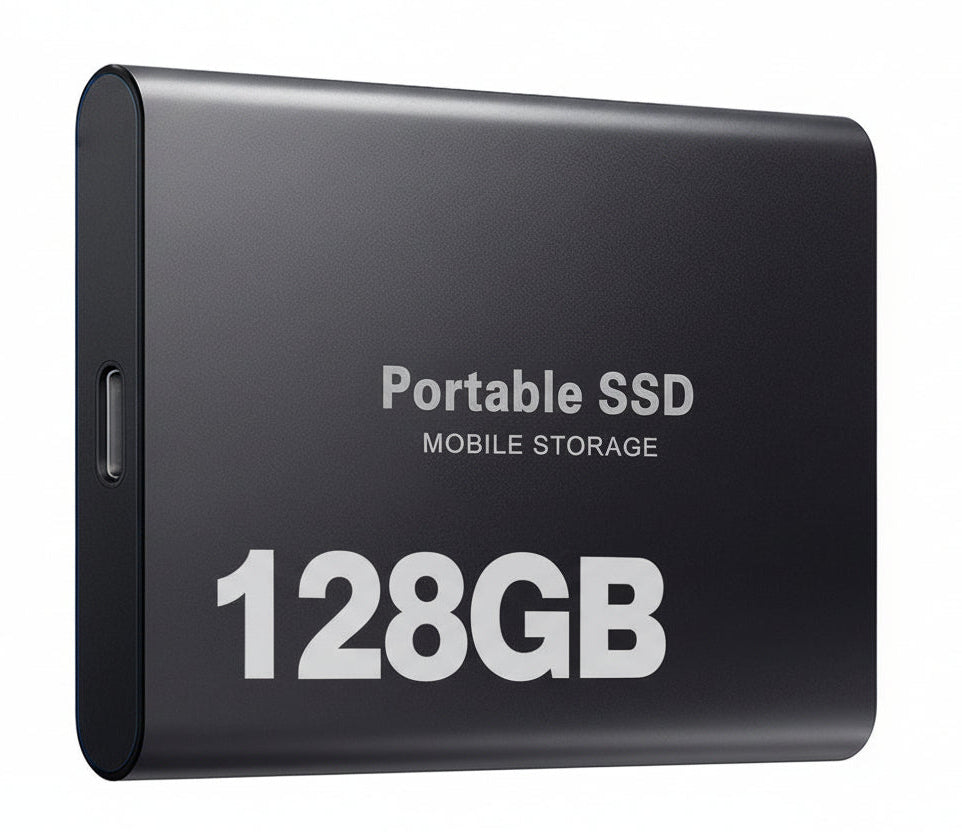 Versatile 128GB portable SSD external hard drive, compatible with laptops & desktops for storage.