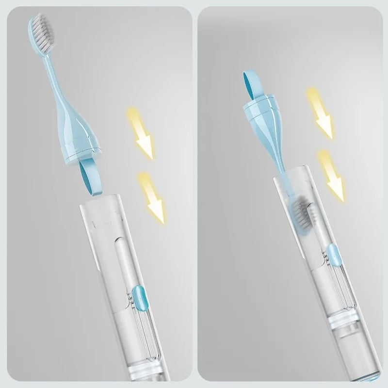 Innovative folding travel toothbrush, purple, offering comprehensive dental care at home or away