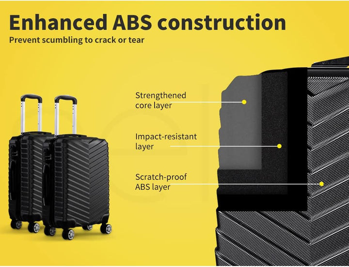 Sleek black hardshell travel luggage: a compact carry-on suitcase with robust 360° spinner wheels.