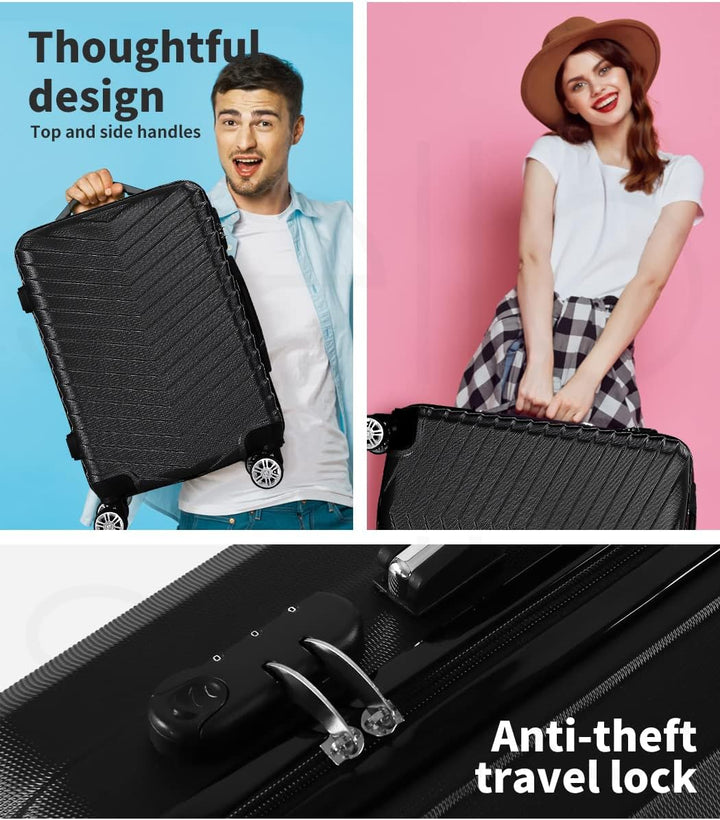 Black hardshell compact carry-on suitcase with spinner wheels, perfect for short trips & weekend getaways.