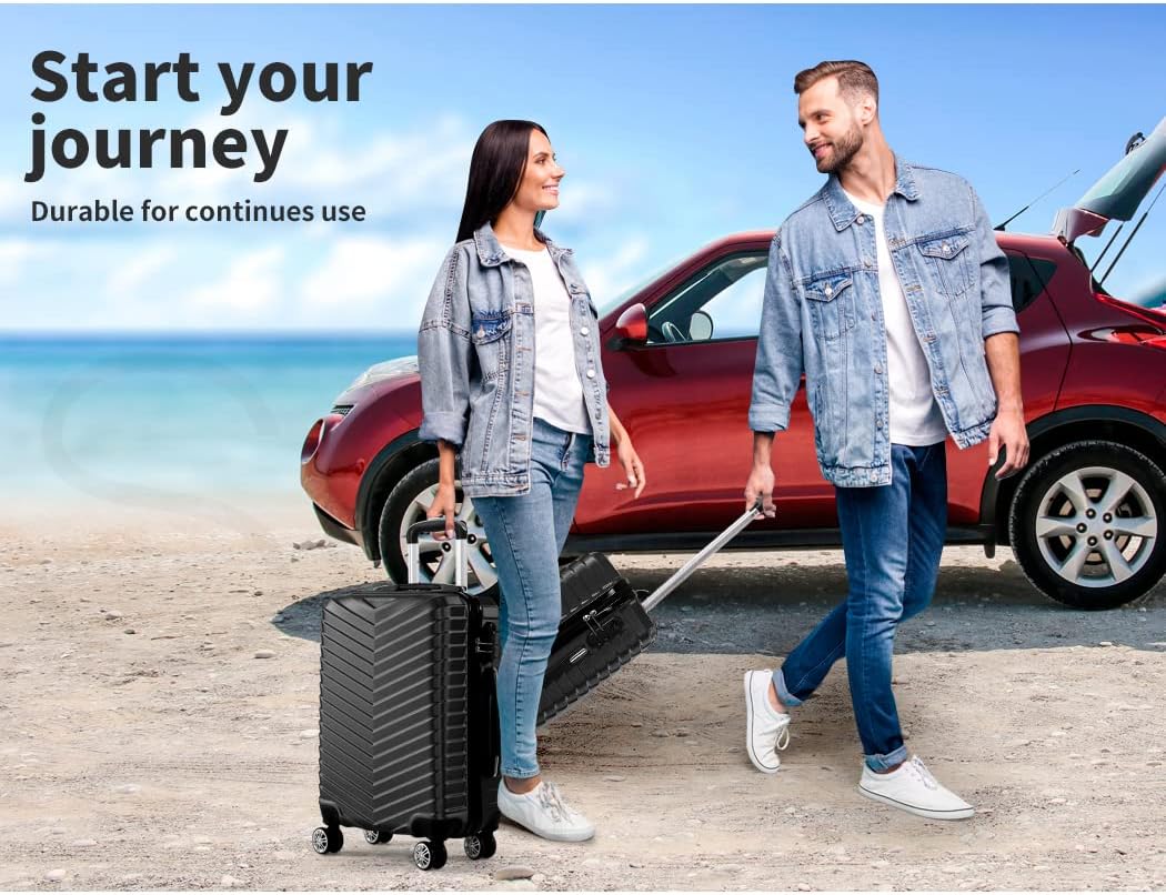 Durable black hardshell weekend bag, a compact carry-on suitcase with 360° spinner wheels for easy travel.