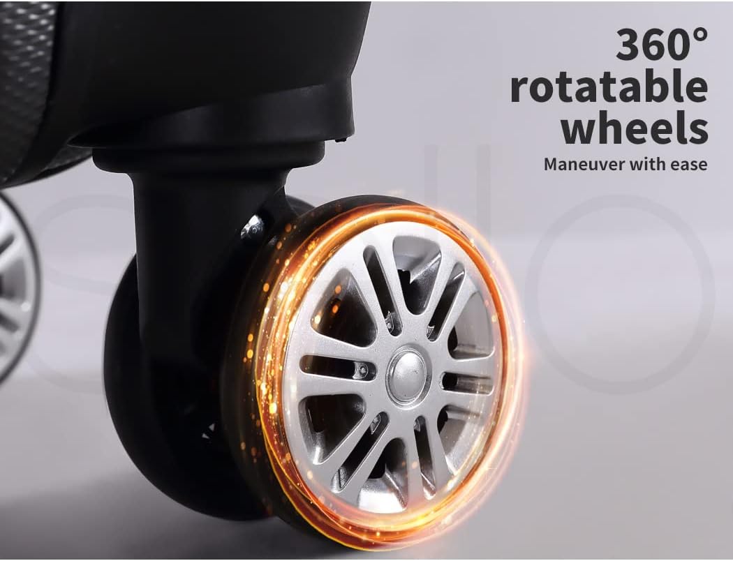 Modern black hardshell compact carry-on suitcase with 360° spinner wheels, ideal for any traveler.