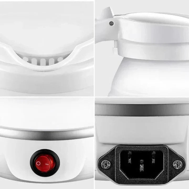 Portable collapsible silicone electric kettle for travel, camping, and dorm. Make hot water, tea, or coffee easily.