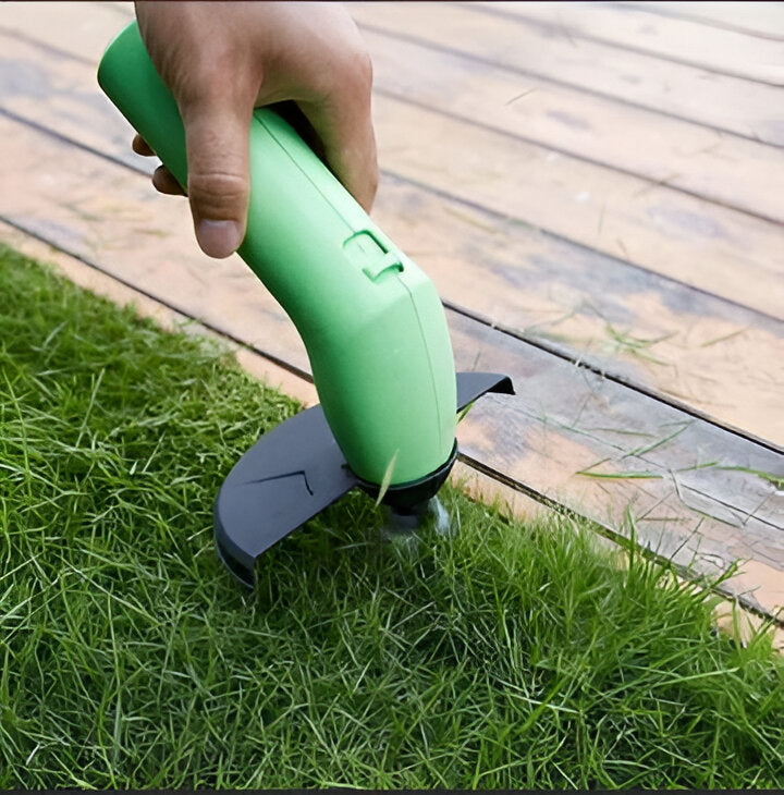 Compact cordless mini weed wacker for effortless lawn trimming and yard maintenance, a portable electric grass cutter.