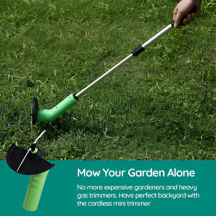 Rechargeable cordless mini weed wacker, an electric trimmer for powerful lawn and yard maintenance, a portable garden tool.