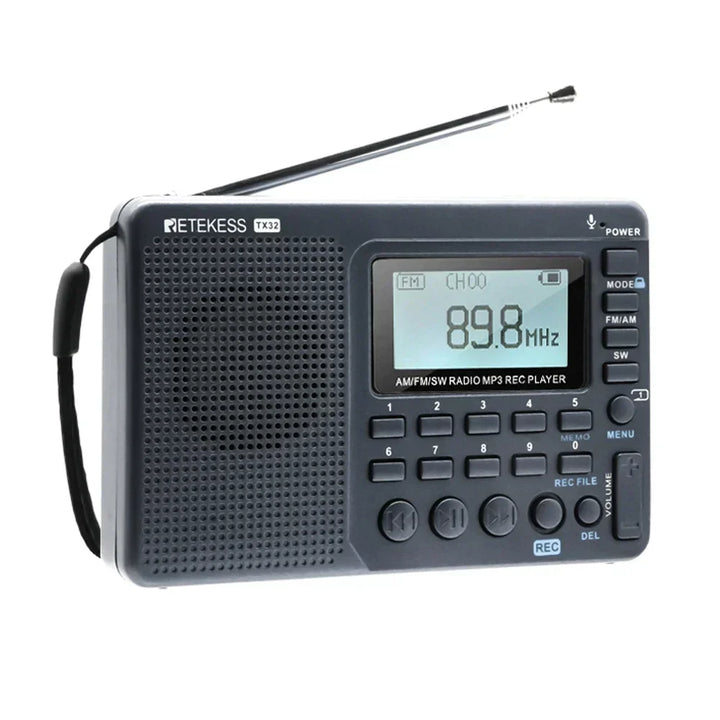 Compact EchoWave multi-band radio with USB charging. Portable FM/AM/SW receiver for travel & emergency.