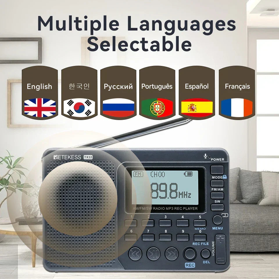 EchoWave compact multi-band radio, rechargeable via USB. Receives FM, AM, and SW frequencies. Great travel gadget.