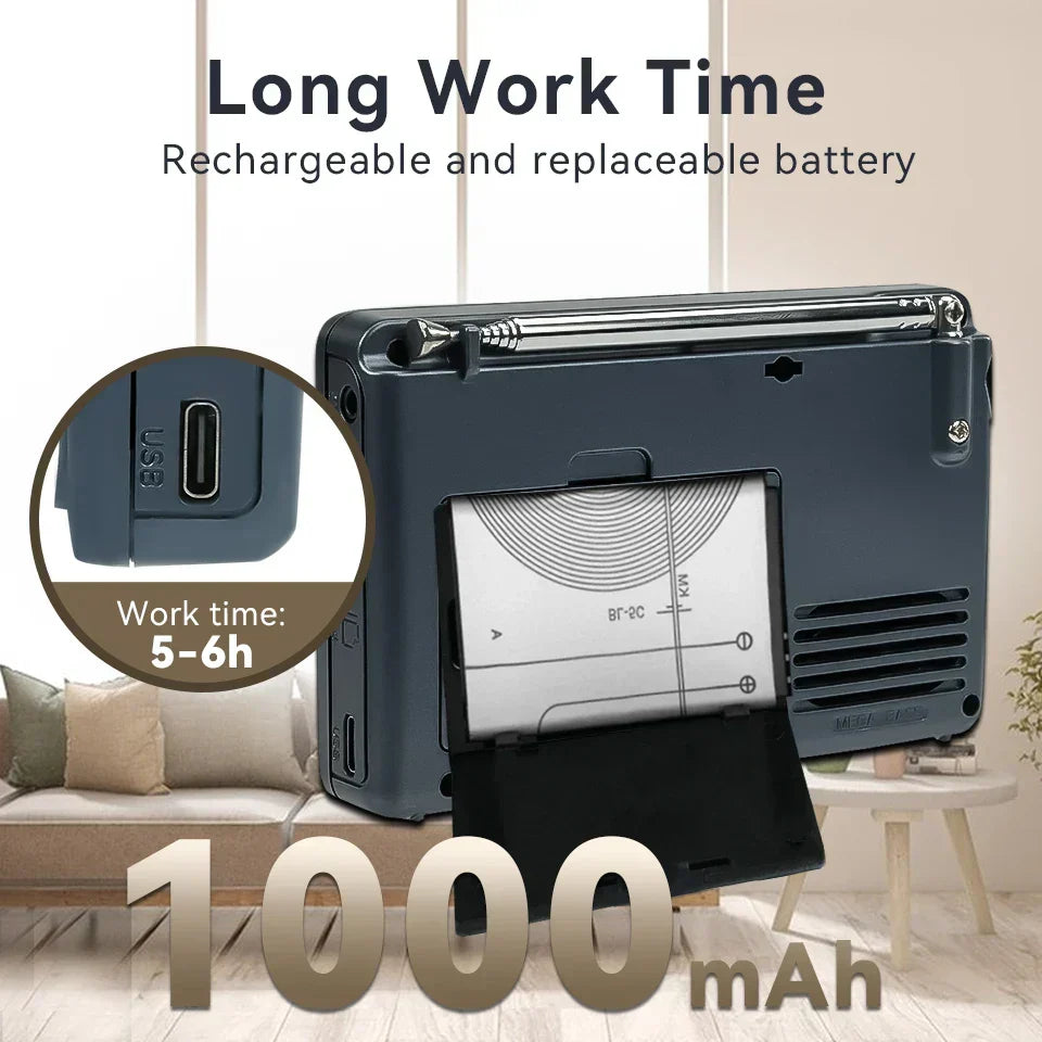 Person using a compact EchoWave multi-band radio outdoors. Ideal for camping, hiking, & emergency. USB charging.