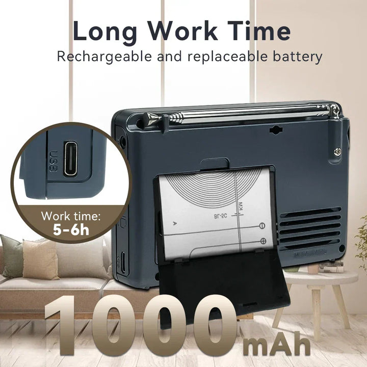 Person using a compact EchoWave multi-band radio outdoors. Ideal for camping, hiking, & emergency. USB charging.