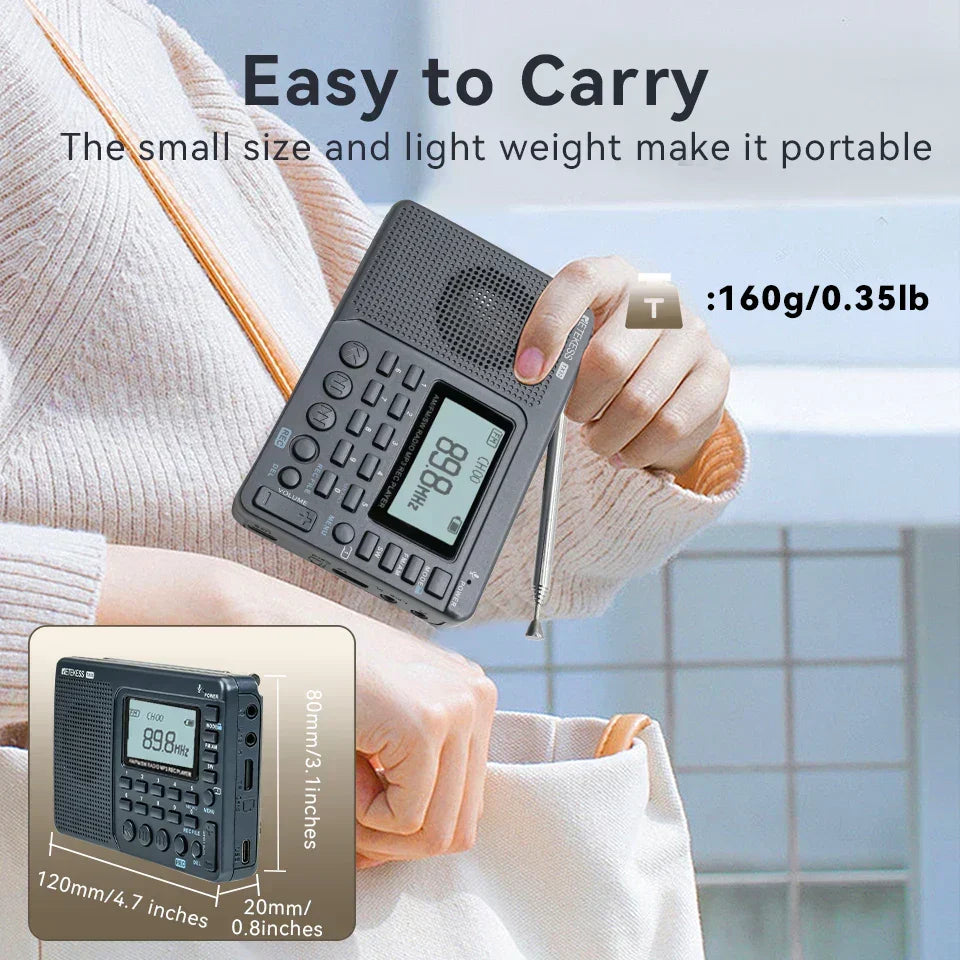 Close-up of sleek EchoWave portable multi-band radio showing controls & USB port. FM/AM/SW compatible.