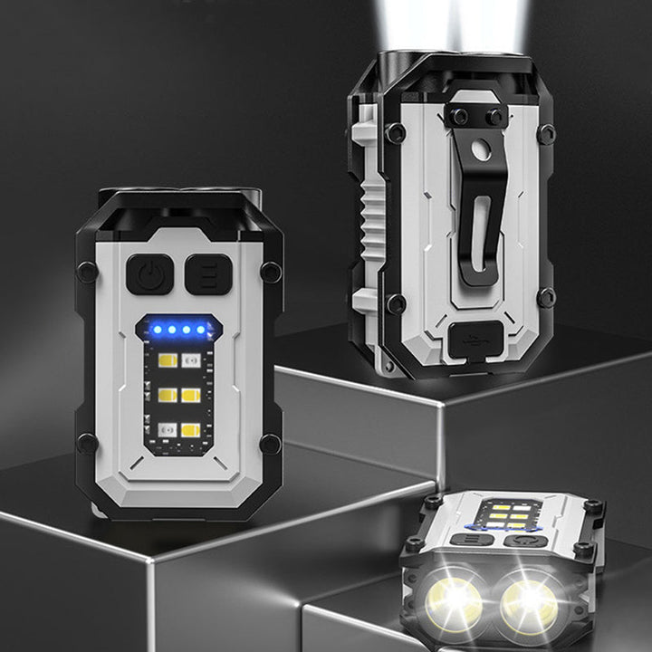 Compact multi-mode rechargeable LED flashlight, black, showing bright beam, for camping & emergency