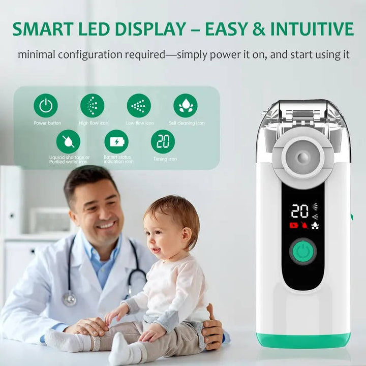 Quiet personal mist therapy inhaler; USB rechargeable for convenient easy breathing anywhere.