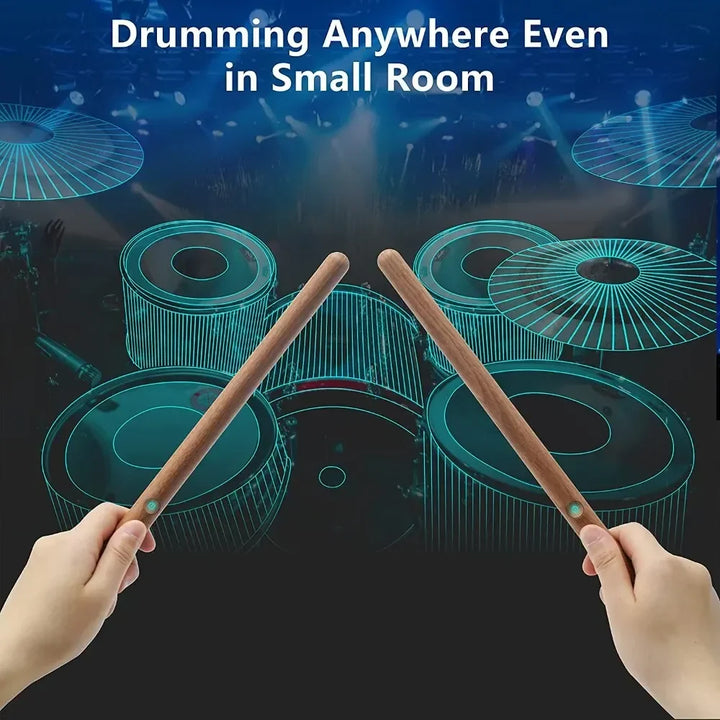 Portable RhythmoMax electronic drum kit showing drum pads, pedals, & module for easy setup.