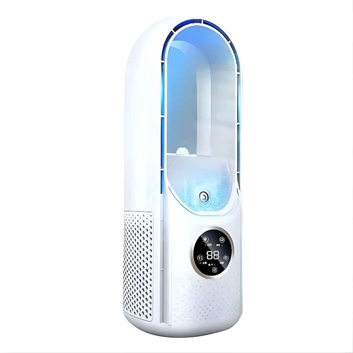 Bladeless portable air cooler with ultra-quiet operation, perfect for undisturbed sleep or work.