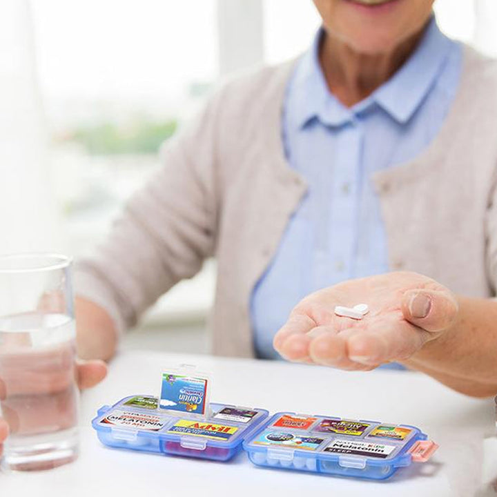 Portable health care item: compact pill case with 161 labels for organized medication.