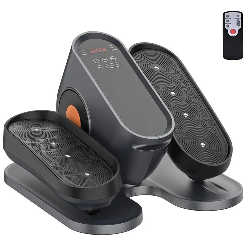 Mini elliptical pedal exerciser with LCD screen and remote control for easy, low-impact leg exercise.