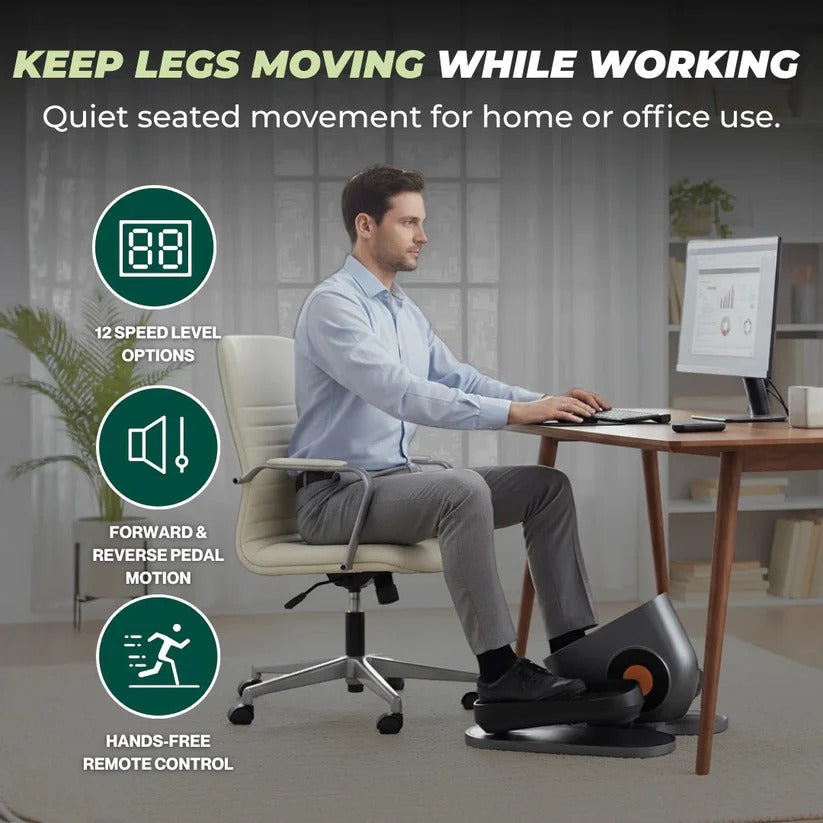 Portable desk fitness exerciser for home or office, quiet workout, remote control for convenience.