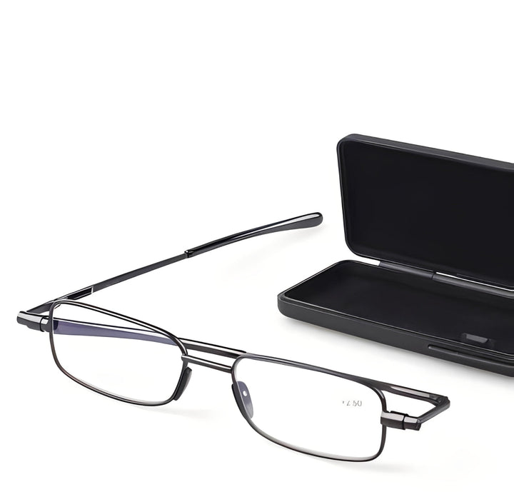 Compact unisex folding reading glasses in black, lightweight and portable, ideal for travel.