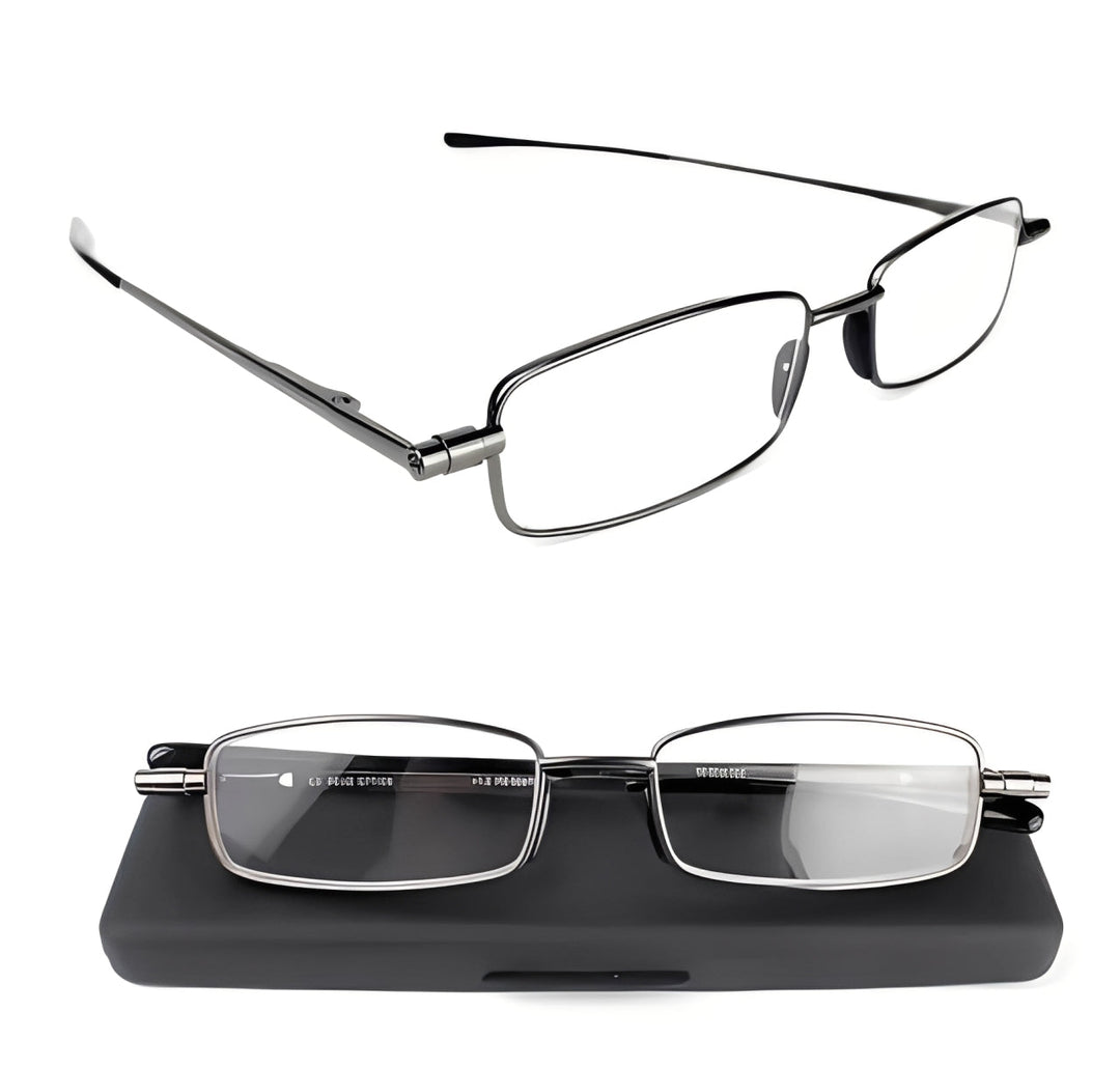 Unisex portable reading glasses, fully unfolded, with clear acrylic lenses and sleek stainless steel frame.