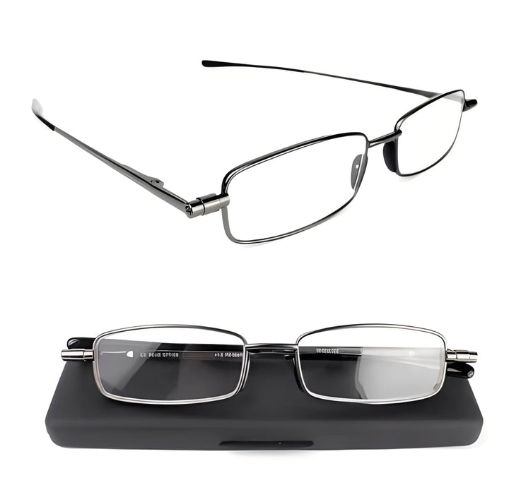 Unisex portable reading glasses, fully unfolded, with clear acrylic lenses and sleek stainless steel frame.