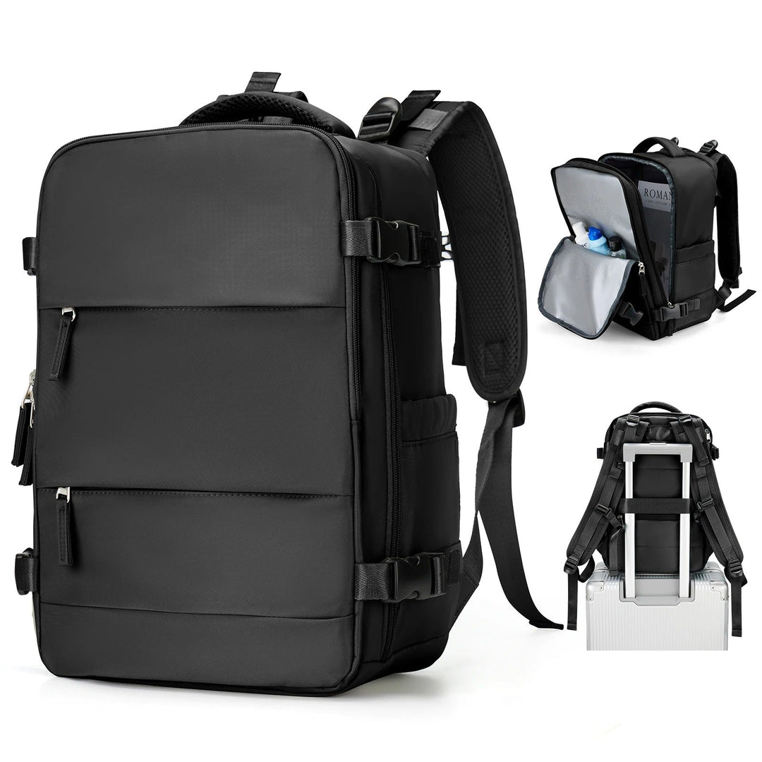 Compact unisex travel backpack in black, perfect for daily essentials, school, and weekend travel.